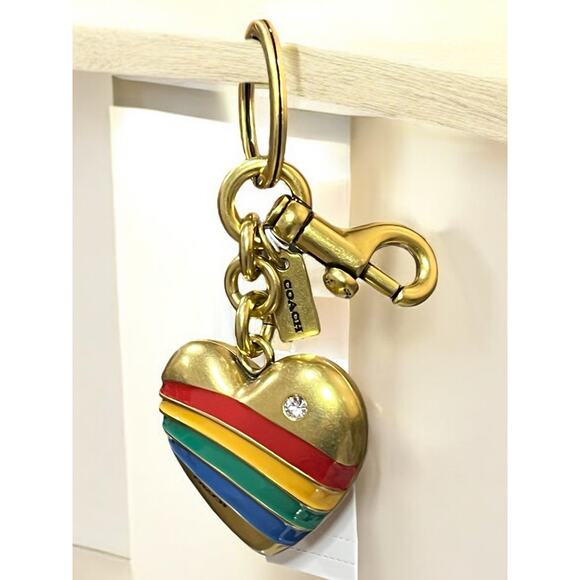 NWT Coach CAX71 Rainbow Heart Bag Charm Key Ring - Picture 1 of 4